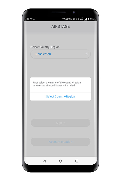 When launching the mobile app for the first time, select the region of installment from the list in the following screen. To set, tap [Select Country/Region].