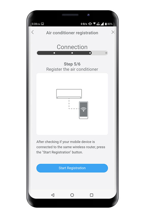 Press [Register started] on the screen on the mobile app to start the connection with the WLAN router. Check that the your mobile device is linked to the WLAN router you are connecting the air conditioner.